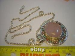 Vintage Solid Silver 24 Necklace & Massive Rose Quartz-coral-turquoise Pendent