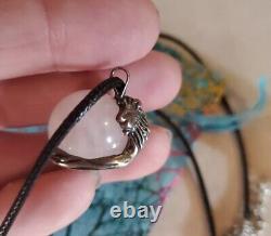 Vintage Sterling Silver OOAK Lion Rose Quartz Crystal Sphere Pendant Necklace