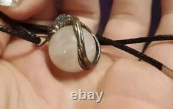 Vintage Sterling Silver OOAK Lion Rose Quartz Crystal Sphere Pendant Necklace