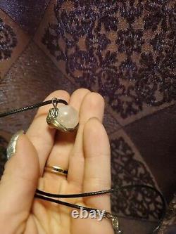 Vintage Sterling Silver OOAK Lion Rose Quartz Crystal Sphere Pendant Necklace