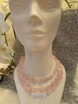 Vintage Sterling Silver Real Pink Quartz Gem Pendant Chain Necklace 24 Long