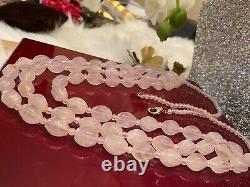 Vintage Sterling Silver Real Pink Quartz Gem Pendant Chain Necklace 24 Long