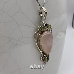 Vintage Sterling Silver Rose Quartz & Rhinestone Crystal Pendant Necklace 925
