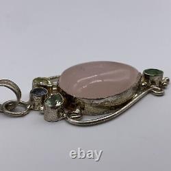 Vintage Sterling Silver Rose Quartz & Rhinestone Crystal Pendant Necklace 925