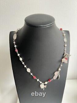 Vintage Sterling Silver Ruby, Rose Quartz & Pearl Charm Flower Necklace 20.75