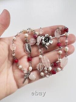 Vintage Sterling Silver Ruby, Rose Quartz & Pearl Charm Flower Necklace 20.75