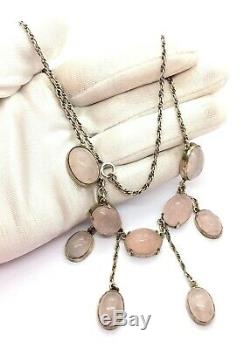 Vintage Sterling Silver Scarab Carved Rose Quartz Pendant Choker Necklace