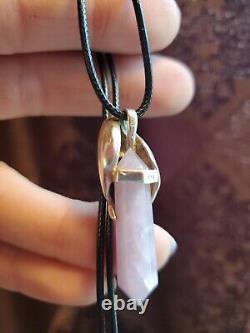 Vintage Sterling Twin Wrapped Dolphins Rose Quartz Hexagon Crystal Pendant
