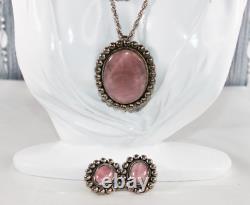 Vintage TS-75 Mexico Sterling Silver Rose Quartz Pendant & Earring Necklace Set