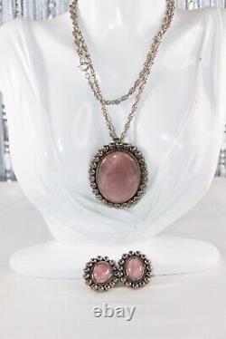 Vintage TS-75 Mexico Sterling Silver Rose Quartz Pendant & Earring Necklace Set