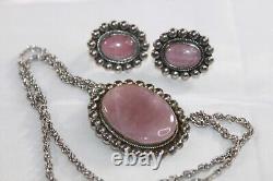 Vintage TS-75 Mexico Sterling Silver Rose Quartz Pendant & Earring Necklace Set