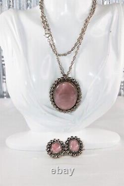 Vintage TS-75 Mexico Sterling Silver Rose Quartz Pendant & Earring Necklace Set