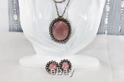 Vintage TS-75 Mexico Sterling Silver Rose Quartz Pendant & Earring Necklace Set