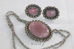 Vintage TS-75 Mexico Sterling Silver Rose Quartz Pendant & Earring Necklace Set