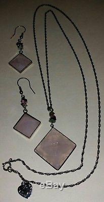 Vntg LUCY ISAACS, NYC SS. 925 Rose Quartz Pyramid Necklace & Earrings Set Signed