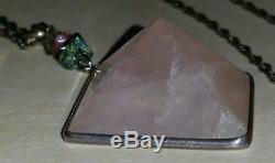 Vntg LUCY ISAACS, NYC SS. 925 Rose Quartz Pyramid Necklace & Earrings Set Signed