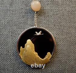 Vtg 925 Black Gold Tibet Himalaya Mountain Crane Rose Quartz Pendant