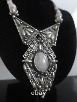 Vtg 950 Sterling Silver Rose Quartz Ornate Massive Ethnic Necklace