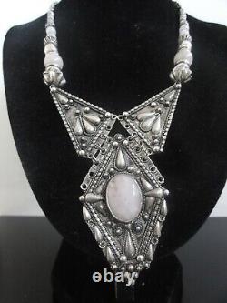 Vtg 950 Sterling Silver Rose Quartz Ornate Massive Ethnic Necklace