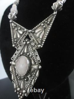 Vtg 950 Sterling Silver Rose Quartz Ornate Massive Ethnic Necklace