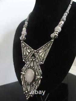 Vtg 950 Sterling Silver Rose Quartz Ornate Massive Ethnic Necklace