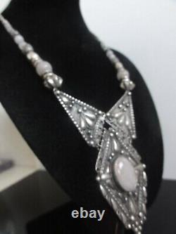 Vtg 950 Sterling Silver Rose Quartz Ornate Massive Ethnic Necklace