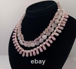 Vtg Genuine Natural Pink Quartz & Genuine Freshwater Pearl Three Strand Necklace