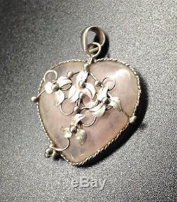 Vtg Rare Large ROSE QUARTZ stone & STERLING flower wrapped HEART PENDANT silver