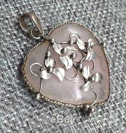 Vtg Rare Large ROSE QUARTZ stone & STERLING flower wrapped HEART PENDANT silver