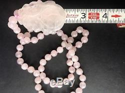 Vtg Rose Quartz Necklace Carved Knotted Strand Pink Flower Pendant Estate