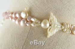 White & Pink Pearl Tassel Back Necklace with Carved Rose Quartz Flower Pendant