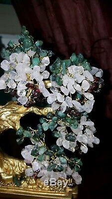 Wisteria Gemstone Bonsai Tree w emeralds, rose quartz, garnets+ Free pendant