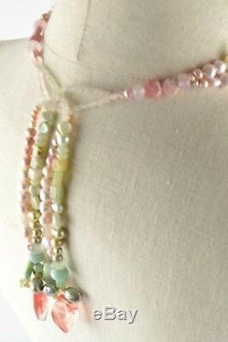 Womens White & Pink Pearl Tassel Back Necklace Carved Rose Quartz Flower Pendant