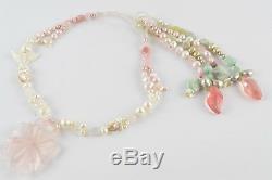 Womens White & Pink Pearl Tassel Back Necklace Carved Rose Quartz Flower Pendant